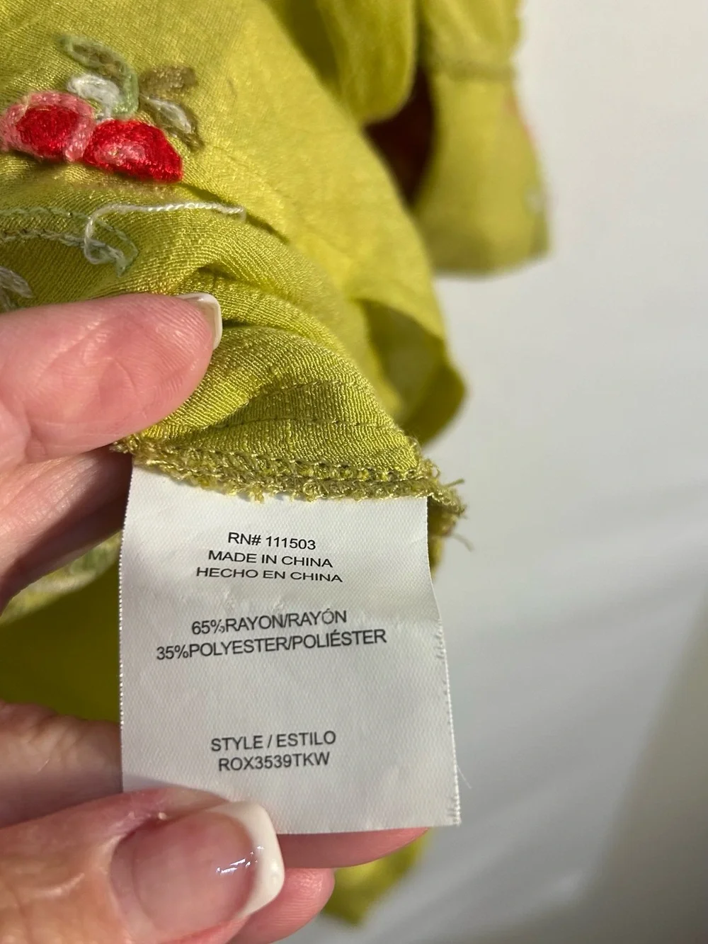 Embroidered Floral Button-Down Shirt in Chartreuse - Picture 6 of 9
